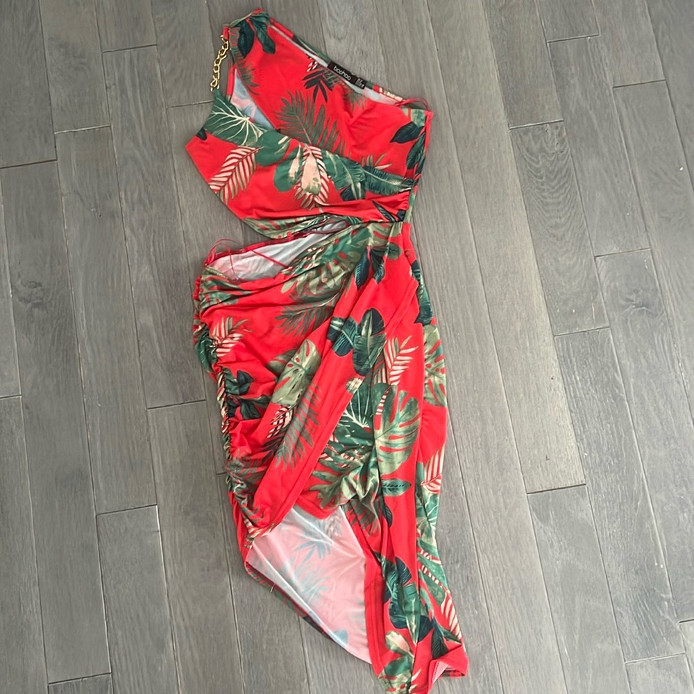 One shoulder cute tropical print asymmetrical dress